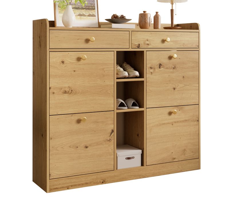 Meuble à Chaussures Avec 4 Portes, 2 Tiroirs Et 3 Compartiments Ouverts, Pour Entrée,coloris Naturel