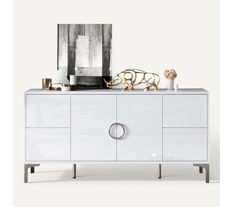 Buffet Moderne,4 Tiroirs Et 2 Portes , Meuble Blanc Mdf, Pour Salon Et Salle à Manger