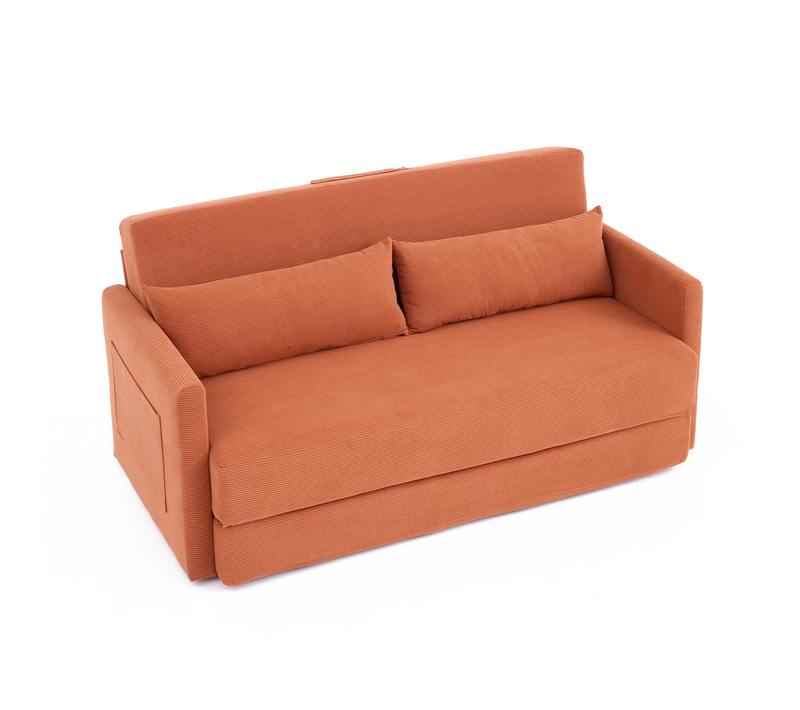 Canapé Compressé Convertible 2 Places En Velours Côtelé Avec 2 Coussins Lombaires Et Poches ,orange