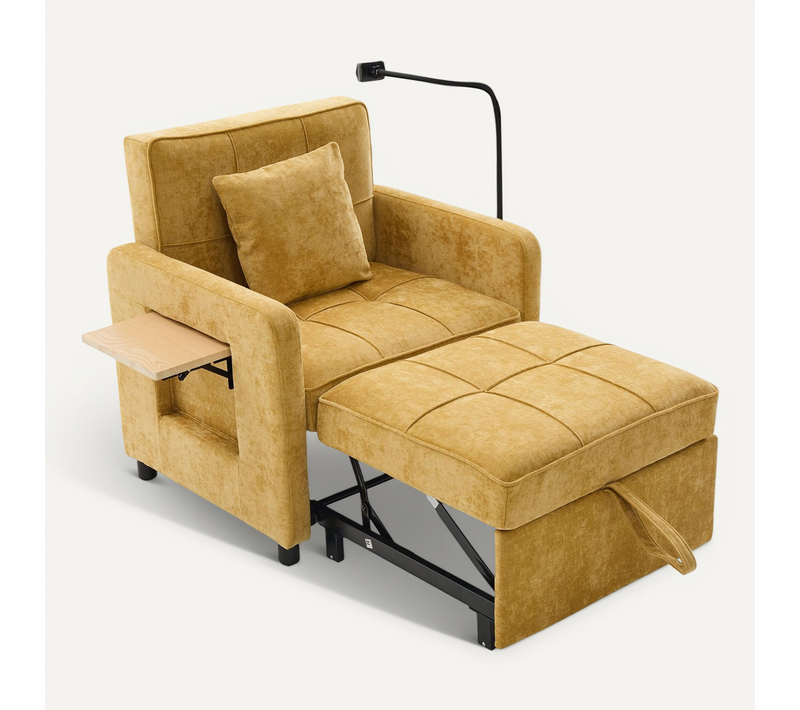 Fauteuil Convertible 1 Place En Chenille Avec Coussin, Table Et Poches - Jaune