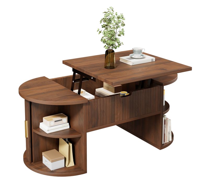 Table Basse Moderne Réglable En Hauteur, Étagères Ouvertes, Rangement Caché, Portes Coulissantes