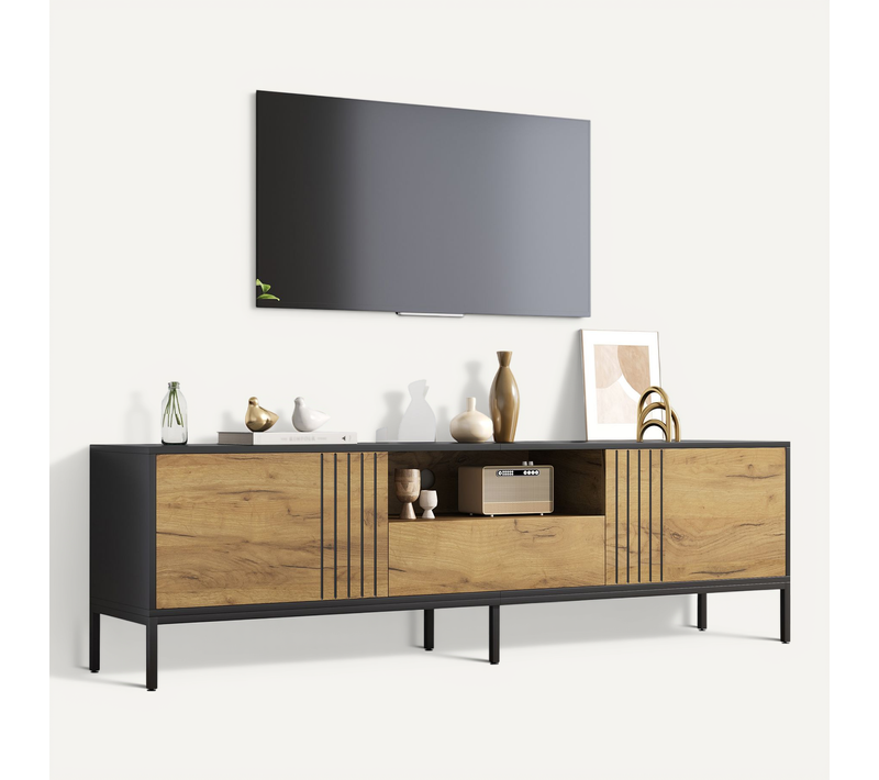 Meuble TV,2 Portes Et 1 Tiroir, Console TV Moderne,rangement,jusqu’à 70 Pouces,stable,naturel