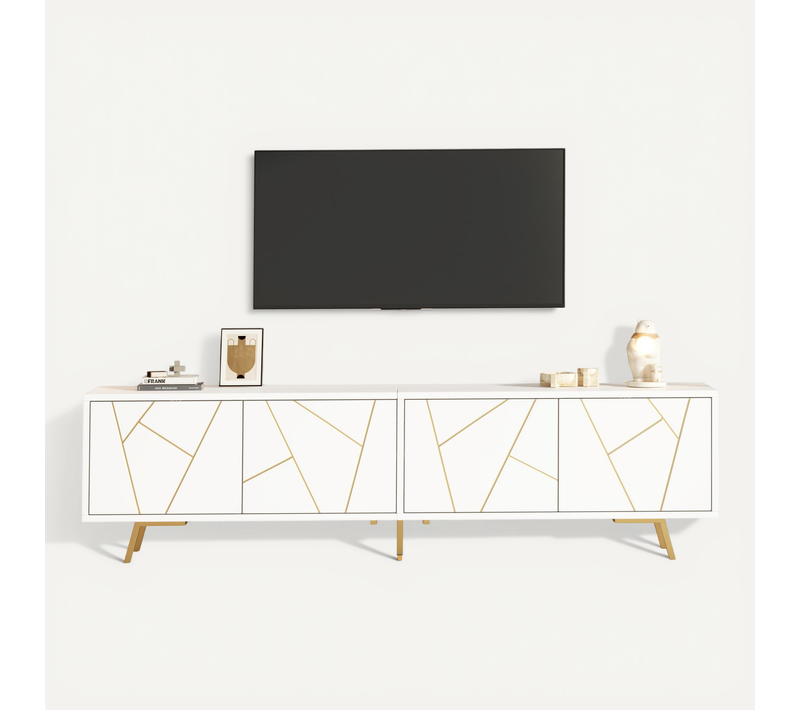 Meuble TV 190 Cm, Avec 4 Portes Et 5 Pieds Métal, Facile à Entreteni,jusqu’à 85 Pouces,blanc