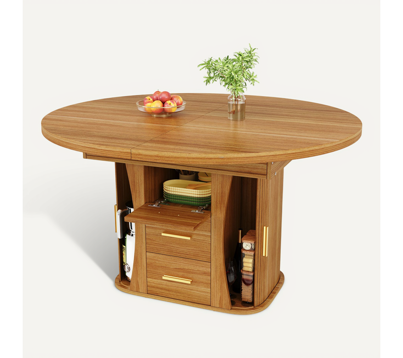 Table à Manger Extensible Ronde - Ovale Après Extension - Rangement Trois Niveaux - 118-158 Cm