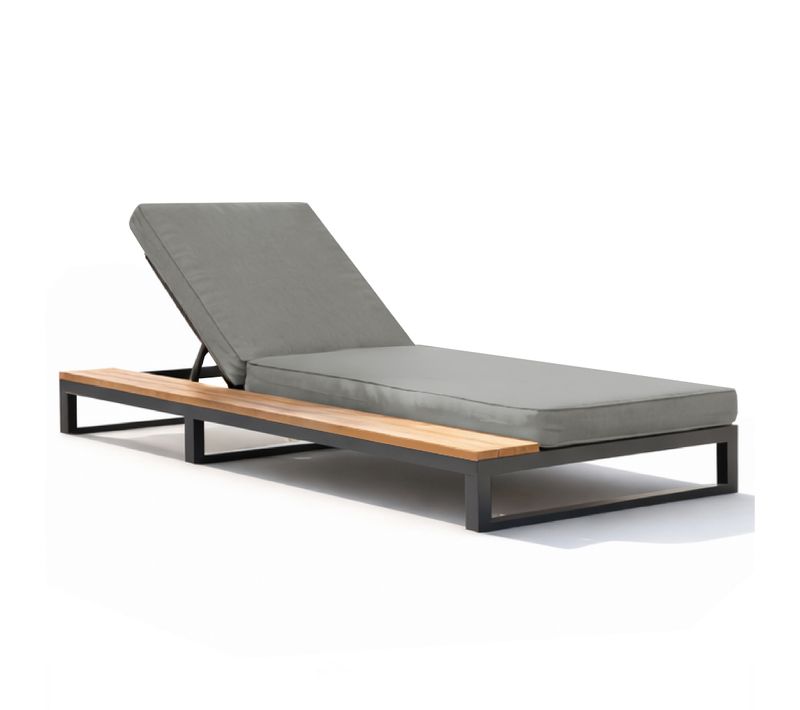 Lit De Jardin Extérieur Simple Côté Gauche, Bain De Soleil Réglable Avec Coussin, Gris