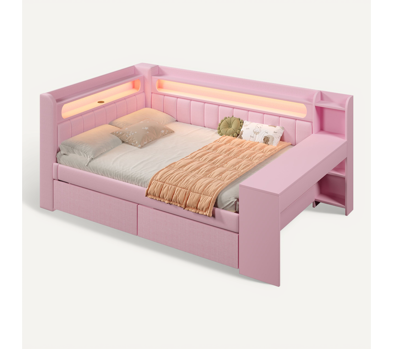 Lit Banquette 140x200 Cm,lit Ado Rembourré Avec Bureau Intégré,led Et Ports USB,2 Tiroirs, Mdf Rose