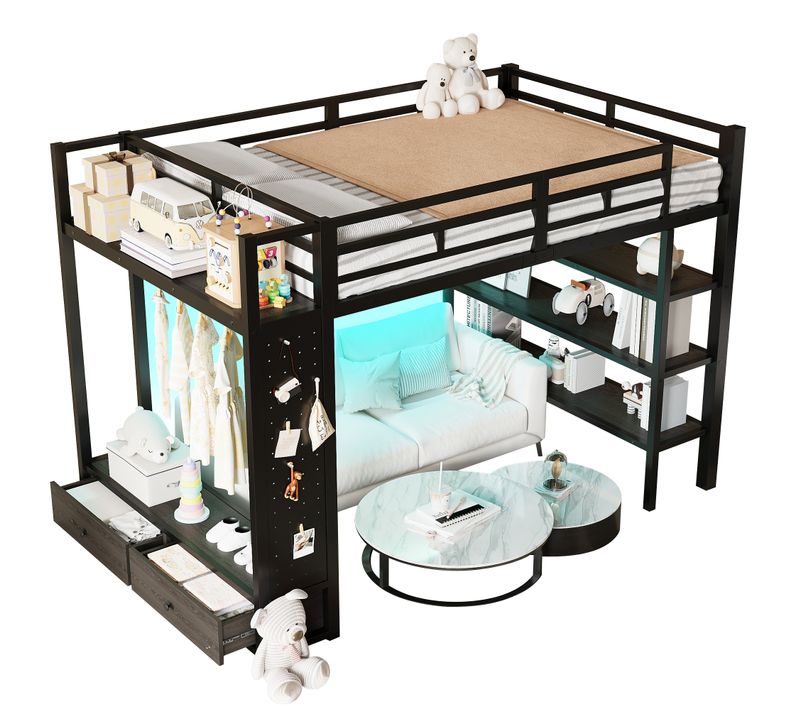 Lit Mezzanine 140x200 Double Avec Armoire Ouverte, étagères Et LED,structure Stable,noir