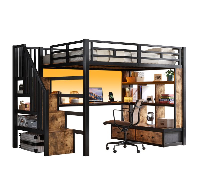 Lit Mezzanine 140x200 Double Avec Bureau, étagères, 2 Tiroirs Et LED, Noir