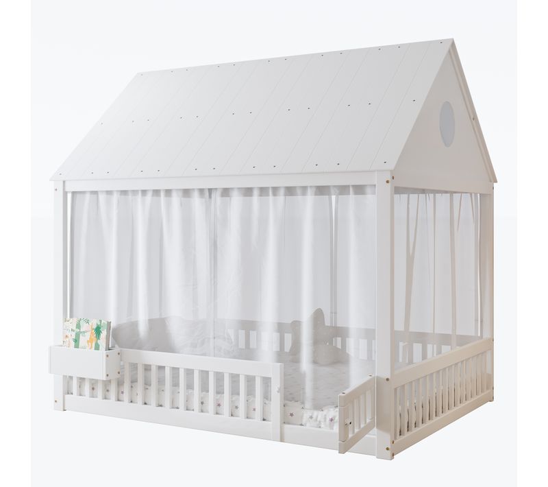 Lit Cabane Enfant 140x200 Cm, Lit Simple, Fenêtres, Voilages, Niche De Rangement, Blanc