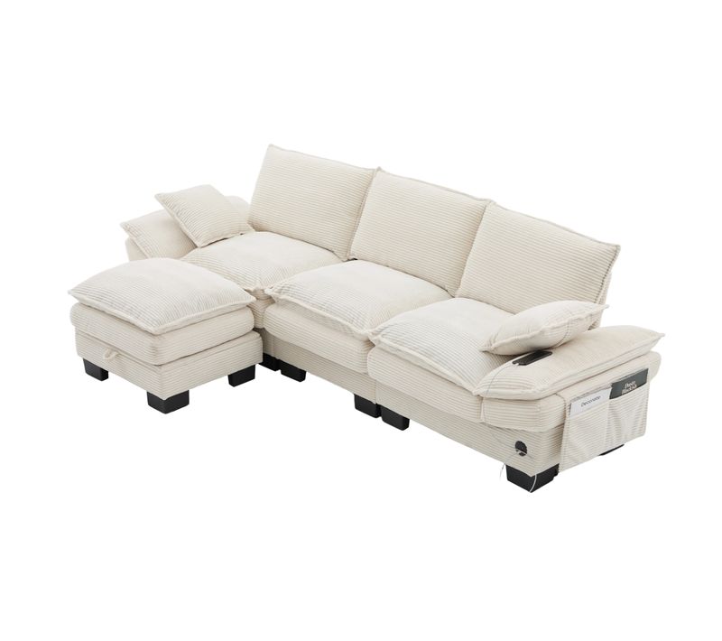 Canapé Modulaire 3 Places Avec Pouf, USB-c, Poches Latérales, Moderne, Velours Côtelé,beige