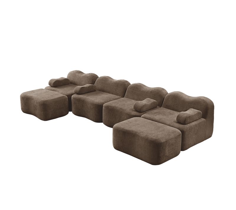 Canapé Compressé En U,Canapé Modulaire 4 Places,2 Pouf,Assise Profonde,forme Ondulée,Velours Marron