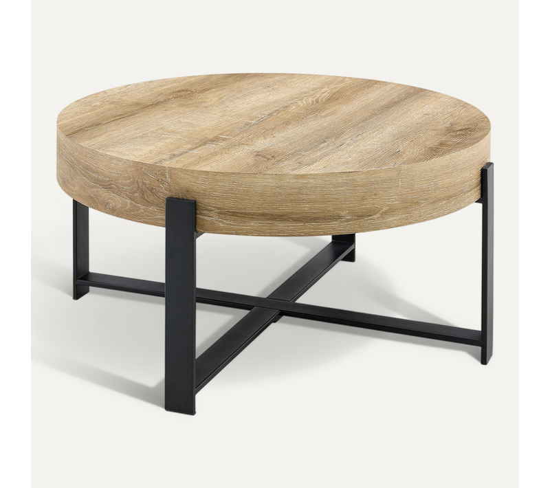 Table Basse Ronde, Style Industriel Rétro, Mdf , Piètement Métal Croisé, Style Wabi-sabi, Naturel