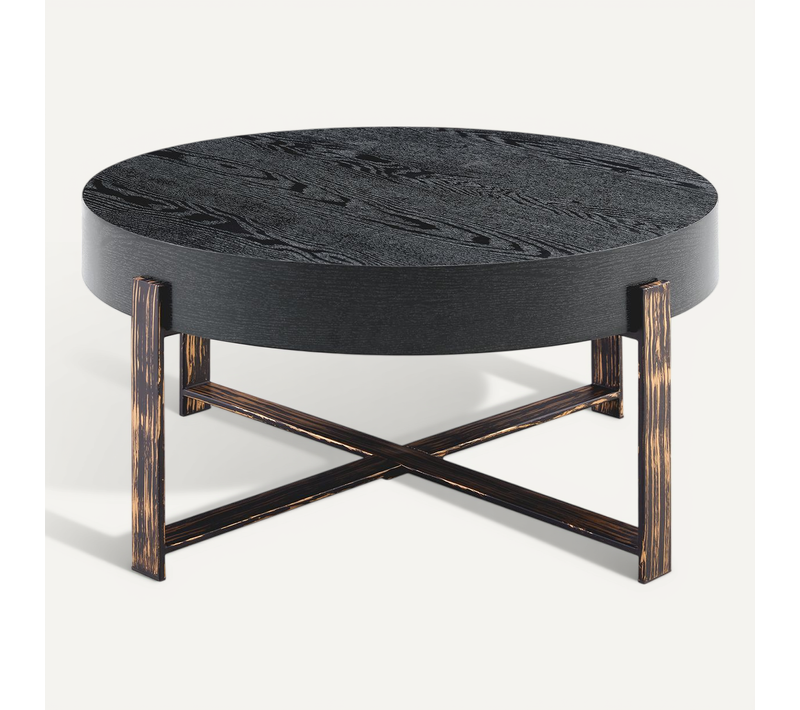 Table Basse Ronde, Style Industriel Rétro, Mdf , Piètement Métal Croisé, Style Wabi-sabi, Nois