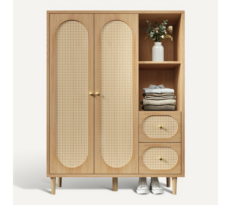 Vestiaire,style Campagne, 2 Portes, 2 Tiroirs, étagères Ouvertes Et Tringle à Vêtements,naturel