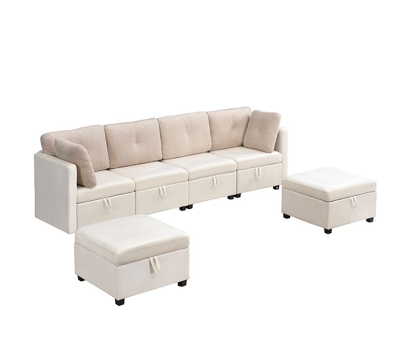 Canapé Modulaire 6 Places, Rangement, Configuration Réversible, Velours Beige