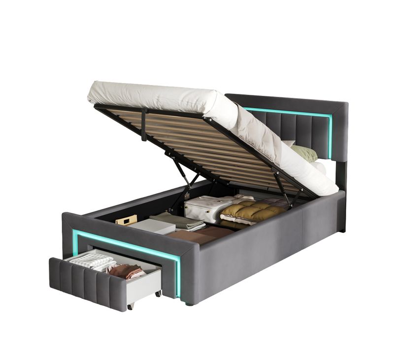 Lit 90x190 Cm - Fonction Lit Avec LED Et Tiroirs - Rangement - Moderne - Velours - Métal - Gris
