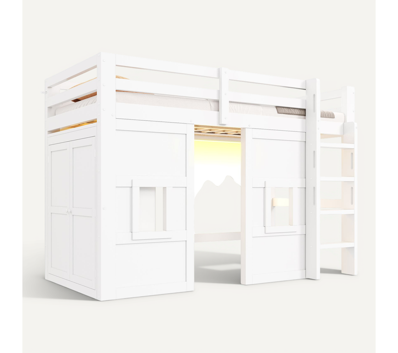 Lit Mezzanine Enfant 90x200 Avec Armoire Intégrée, 2 Fenêtres Et LED, Blanc