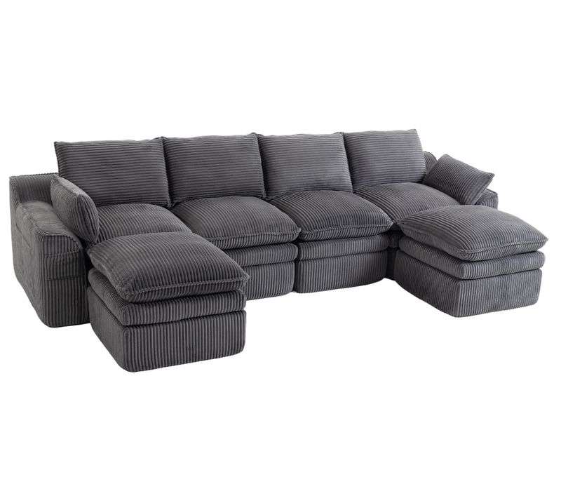 Canapé Compressé, Canapé Modulaire 4 Places Avec 2 Poufs, Poches Latérales, Velours Côtelé Gris