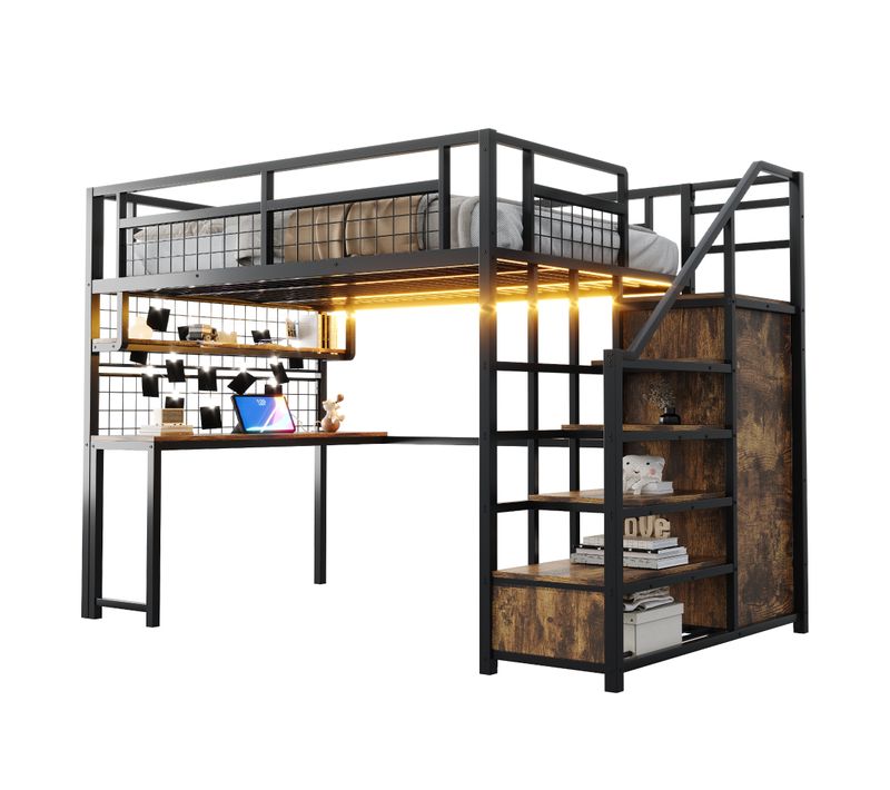 Lit Mezzanine 140x200,lit Double Avec Escalier De Rangement, Bureau Et Prise, Noir