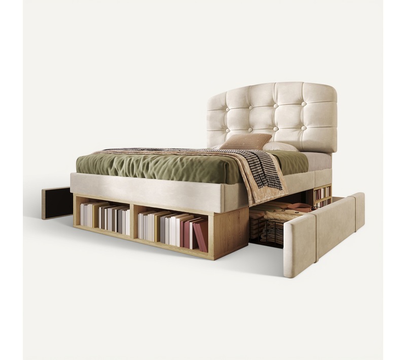Lit Avec Tiroirs 90 X 200 Cm, Lit Simple,tête Réglable, Rangements,tiroir,velours, Beige
