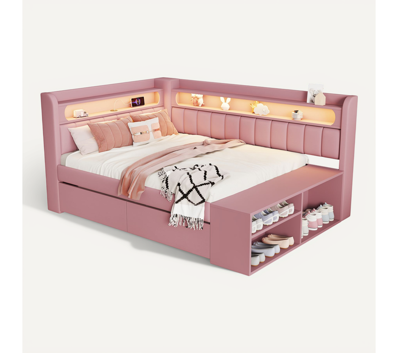 Lit Banquette 90 × 200 Cm, Lit Simple Avec USB, LED, 2 Tiroirs Et Range-chaussures,rose