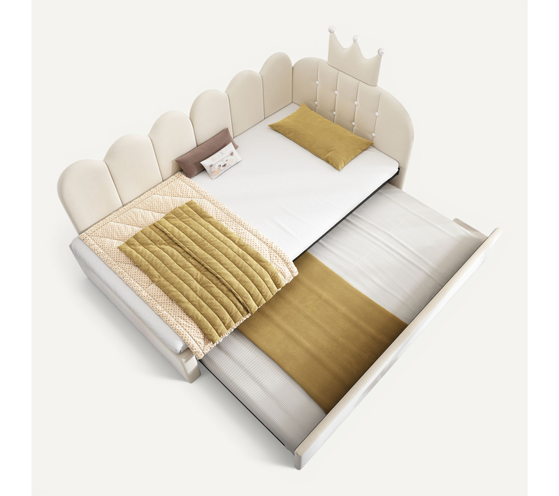 Lit Gigogne 90x200 Cm Et 90x190 Cm, Lit Double, Forme L, Velours, Tête Couronne, Beige
