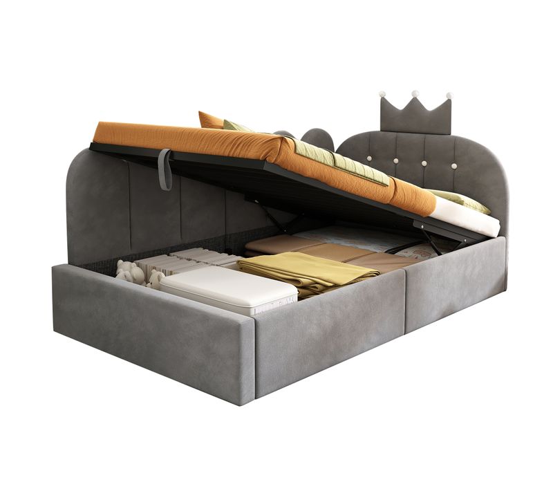 Lit Banquette 90 X 190 Cm, Lit Enfant Simple,coffre Hydraulique Et Dossier Velours,gris