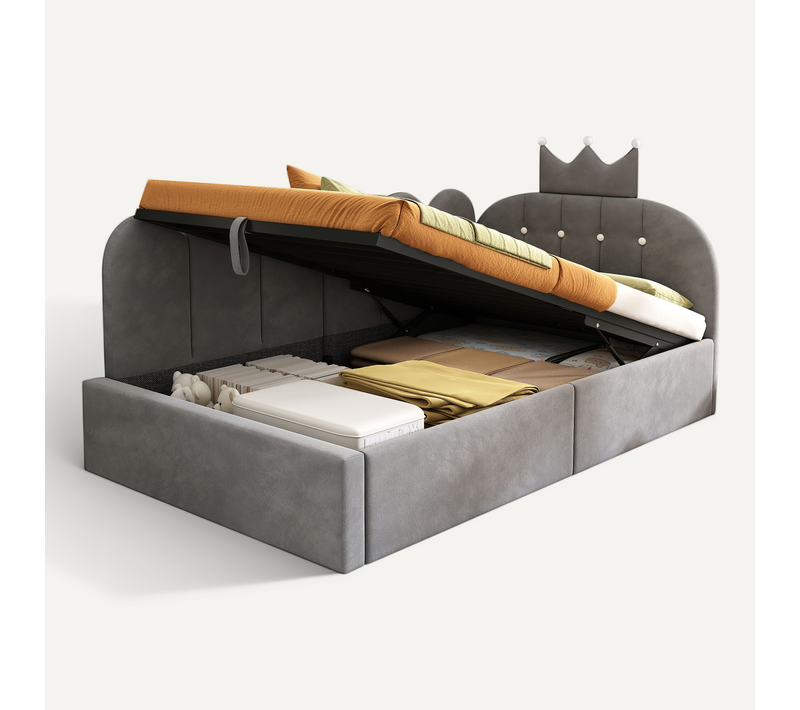 Lit Banquette 90 X 200 Cm, Lit Enfant Simple,coffre Hydraulique Et Dossier Velours,gris