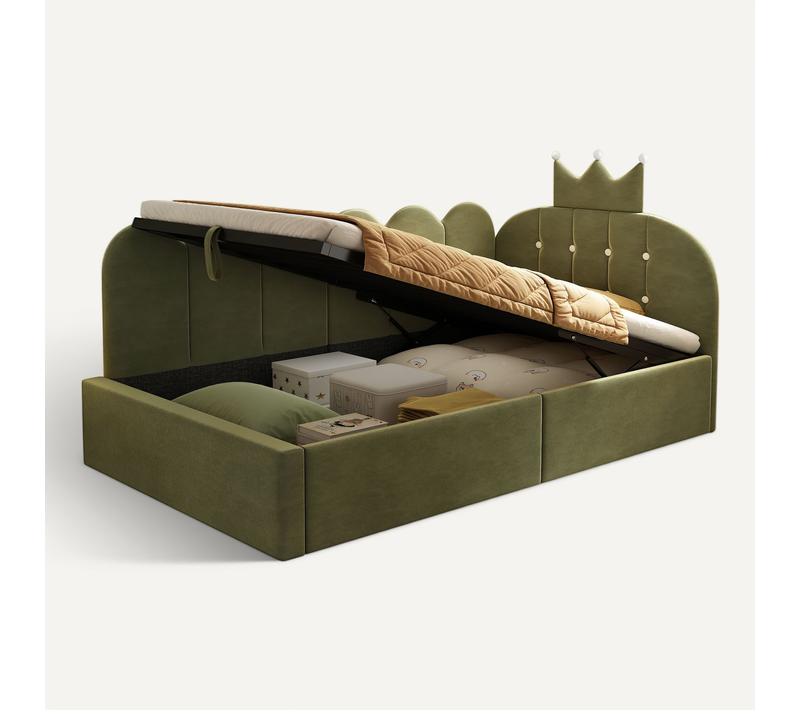 Lit Banquette 90×200 Cm, Lit Simple - Coffre, Forme En L Et Tête Couronne - Vert