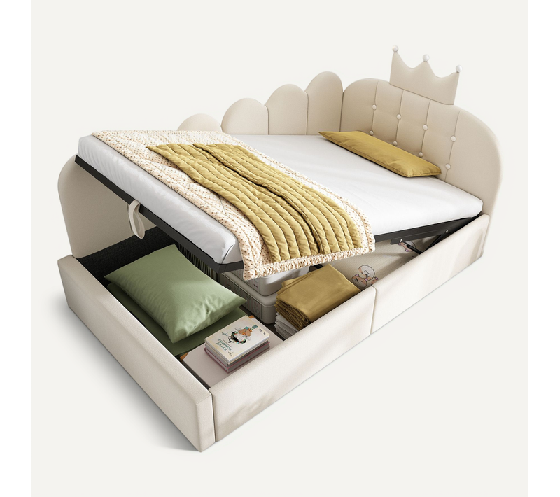 Lit Banquette 90 X 190 Cm, Lit Simple - Coffre Hydraulique Et Dossier En Velours - Beige