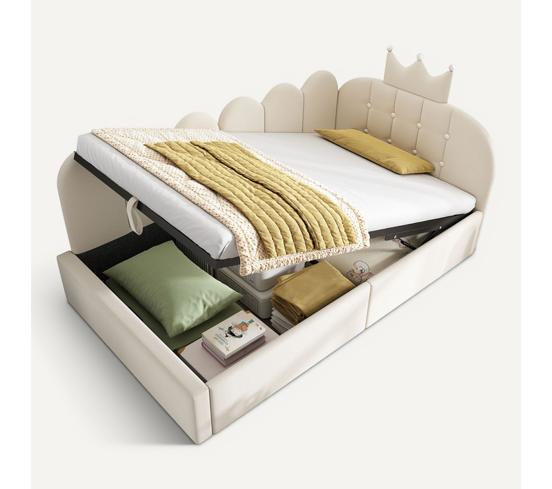 Lit Banquette 90 X 200 Cm, Lit Simple - Coffre Hydraulique Et Structure Réversible - Beige