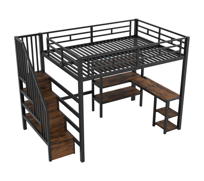 Lit Mezzanine 140x200 Double Avec Escalier, Bureau, Rangements Et LED, Noir