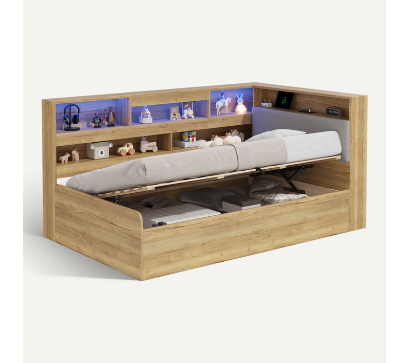 Lit Banquette 90 X 200 Cm, Lit Coffre Avec USB-c Et LED, Sommier à Lattes,naturel
