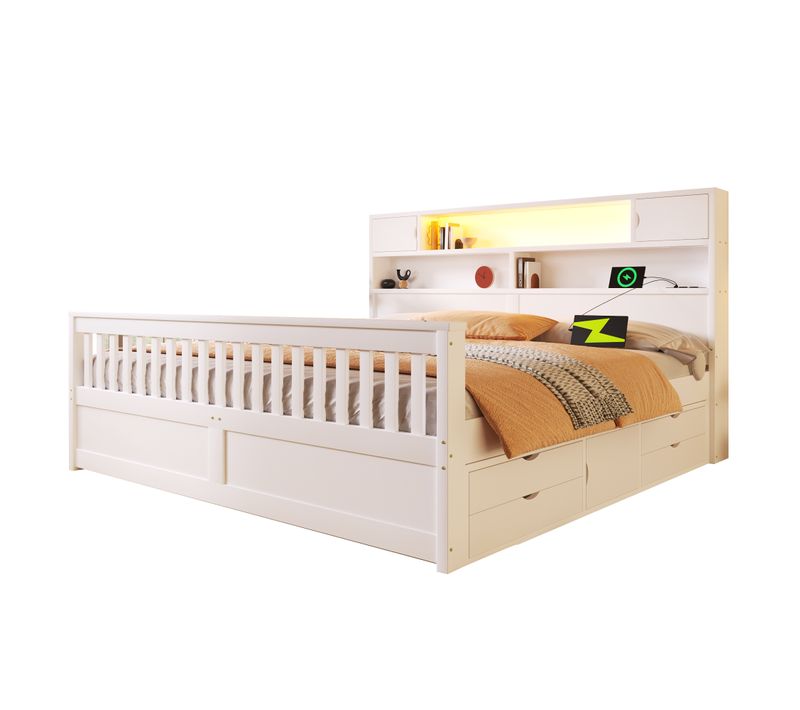 Lit Avec Tiroirs 180 X 200 Cm, Lit Double - 4 Tiroirs, LED, USB Et étagères - Blanc