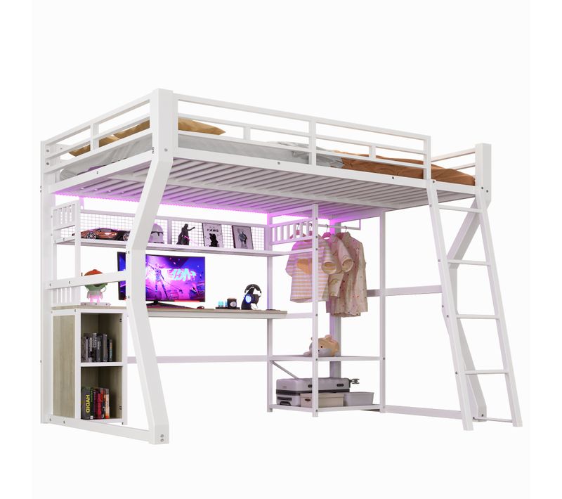 Lit Mezzanine 140x200 Double Avec Bureau, Penderie, étagères Et LED,fiable Et Pratique, Blanc