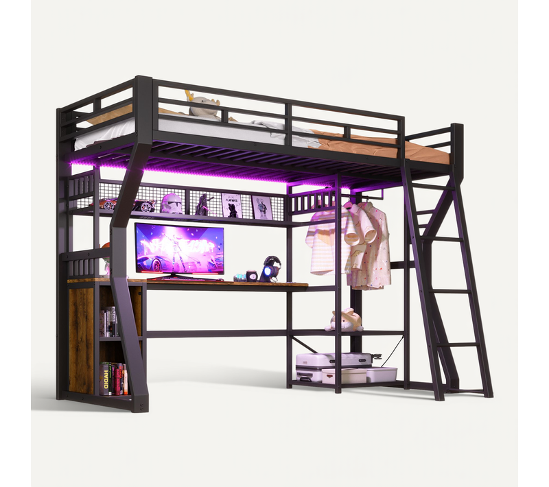 Lit Mezzanine 90x200,lit Simple Avec LED Réglable, Prise, Penderie Et Bureau, Noir
