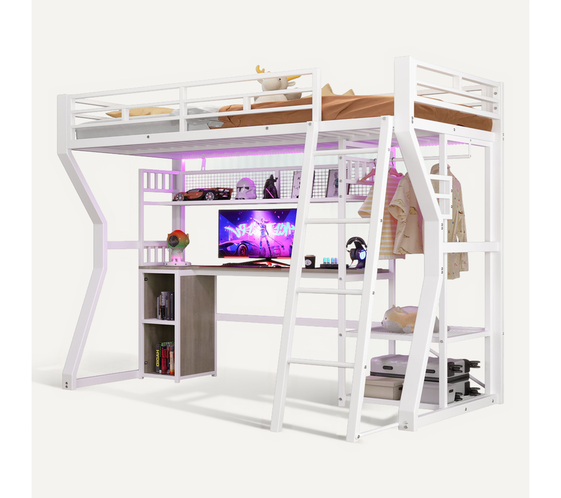 Lit Mezzanine 90x200,lit Simple Avec Bureau, Prise, Penderie Et Rangements, Blanc