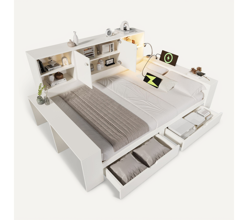 Lit Avec Tiroirs 140x200 Cm, Lit Double, USB, USB-c, Lampe De Lecture, Rangements,blanc