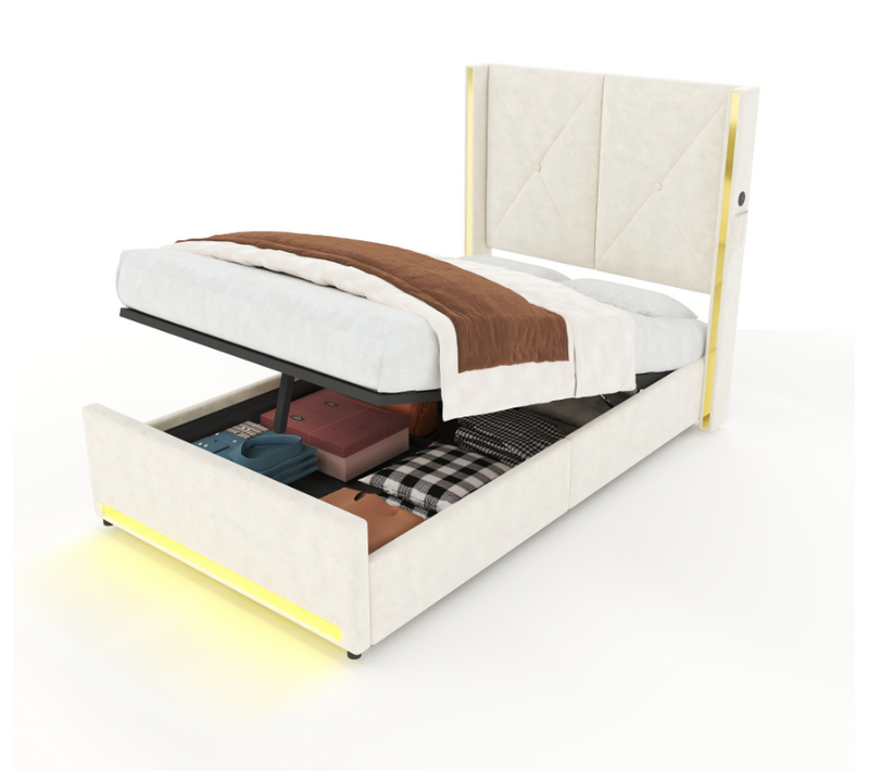 Lit Coffre 90 X 200 Cm, Lit Simple Avec USB-c Et LED,coffre Hydraulique,velours,beige