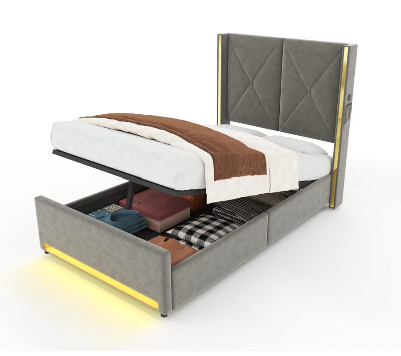 Lit Coffre 90 X 200 Cm, Lit Simple Avec USB-c Et LED,coffre Hydraulique,velours,gris Foncé