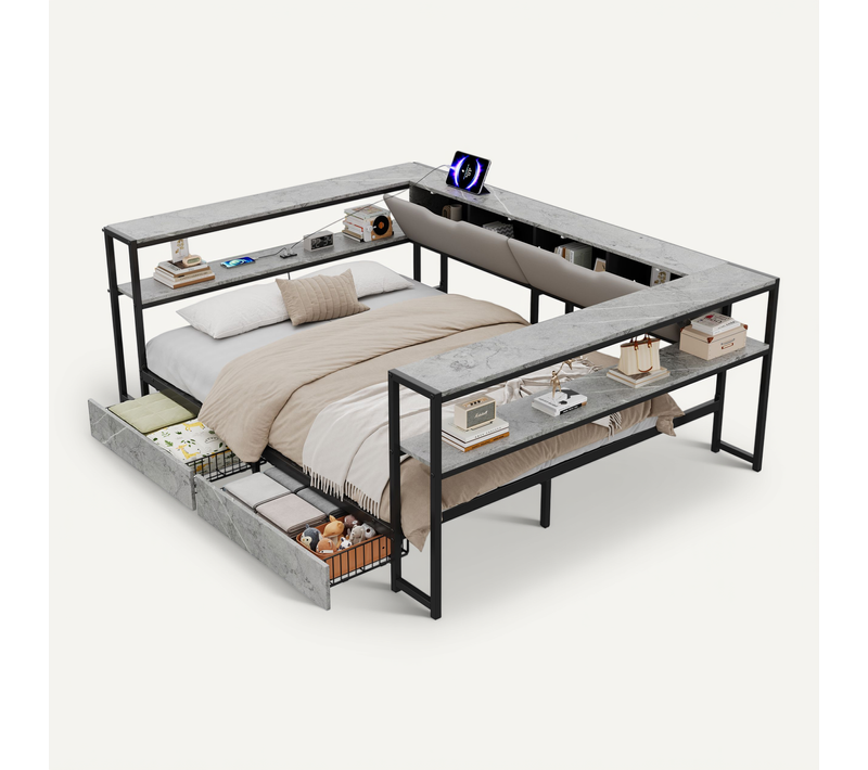 Lit Banquette 140x200 Cm, Lit Adulte Double, USB, Type-c, 2 Tiroirs, 6 Rangements, Gris