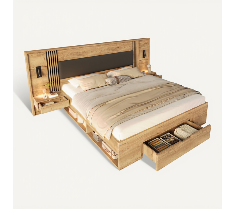 Lit Adulte 160x200 Cm Avec Tiroirs , Lit Double, 5 Rangements, Table De Chevet, Lampes, Naturel
