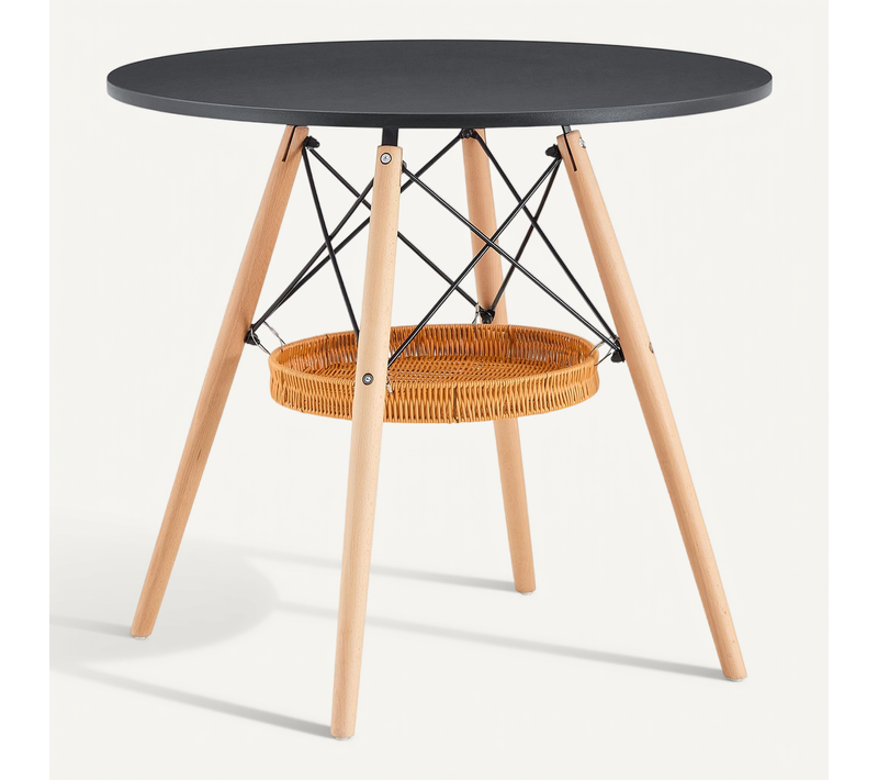 Table à Manger Ronde D.80 Cm,structure Stable,moderne,étagère Tressée Suspendue,plateau Noir