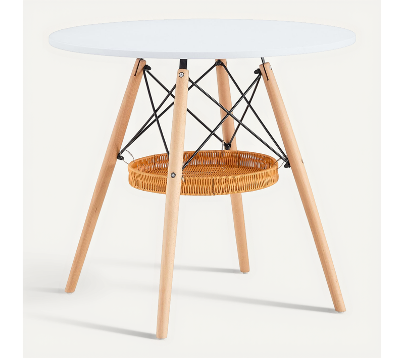 Table à Manger Ronde D.80 Cm,structure Stable,moderne,étagère Tressée Suspendue,plateau Blanc