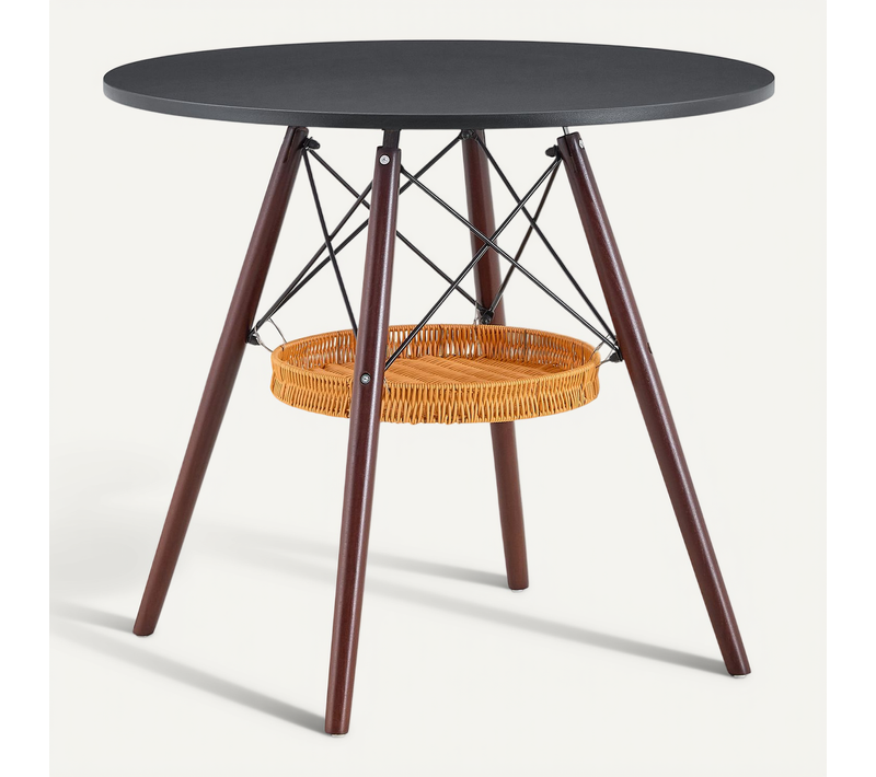 Table à Manger Ronde D.80 Cm,structure Stable,moderne,étagère Tressée Suspendue,plateau Noir