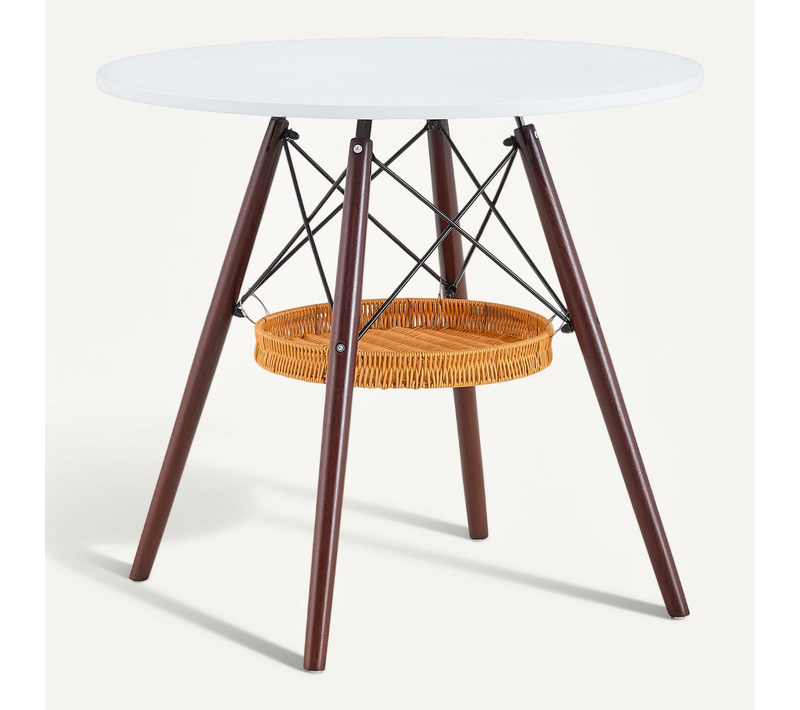 Table à Manger Ronde D.80 Cm,structure Stable,moderne,étagère Tressée Suspendue,plateau Blanc