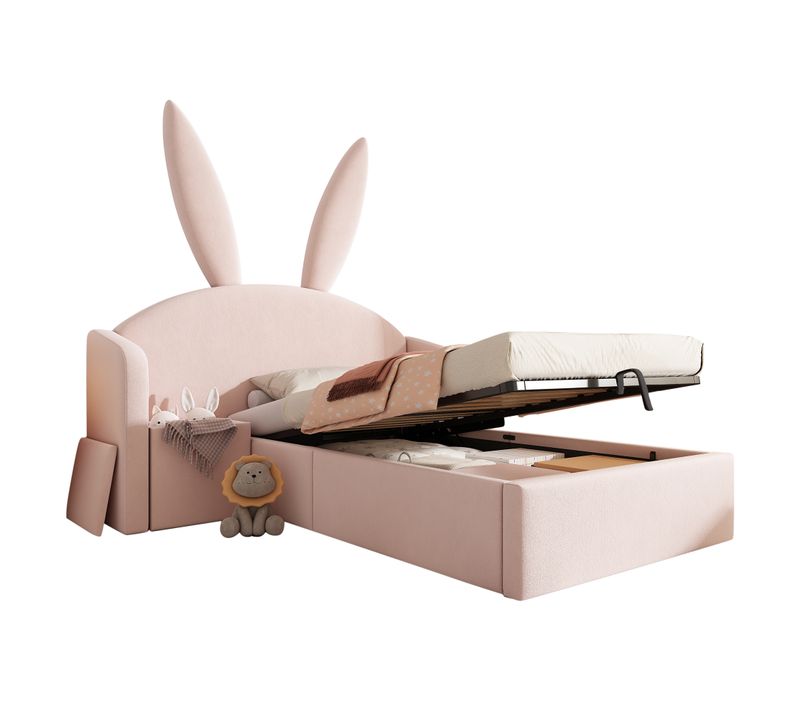 Lit Coffre Enfant 90x200 Cm, Lit Simple, Table De Chevet Réversible, Rangement, Rose
