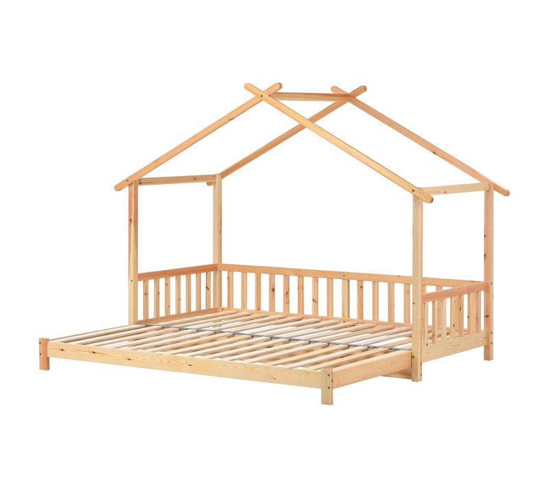Lit Cabane Extensible Naturel 90/180x200 Cm, Convertible Simple/double Pour Enfant