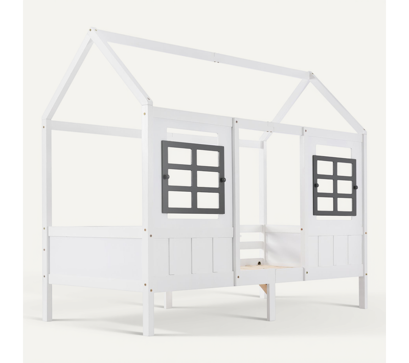 Lit Cabane Blanc 200x90 Cm Avec 2 Fenêtres, Pour Enfant
