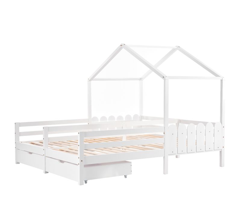 Lit Cabane Blanc 208x188,5 Cm Avec 2 Tiroirs Et Barrières, Pour Enfant
